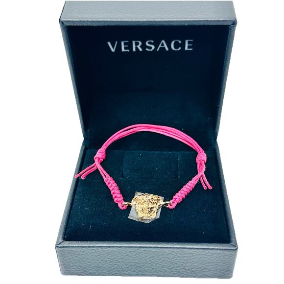 NIB Versace Medusa Head Gold Tone Pink Cord Adjustable Bracelet - Picture 1 of 6